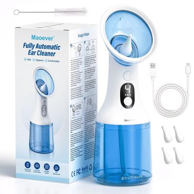 Electric Ear Wax Removal with One-Piece Waste Tank, Water Powered Ear Cleaner with 4 Pressure Modes for Earwax Remove at Home, 4 Tips, USB-C Cable, IPX7 (Blue)