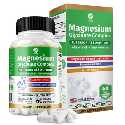 1 Body Magnesium Glycinate Complex, High Absorption Magnesium Supplement for Calm, Muscle Relaxation & Bone Health Support, Vegan with MCT Oil & Trace Minerals, Non-GMO, 60 Capsules