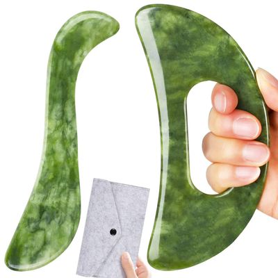 CekPo 2 PCS Jade Stone Gua Sha Massage Tool, Large Guasha Muscle Scraper Tools Set with Handle Muscle Scraping Massage Tools S Shaped Anti Cellulite Spa Acupuncture Tools for Lymphatic Drainage