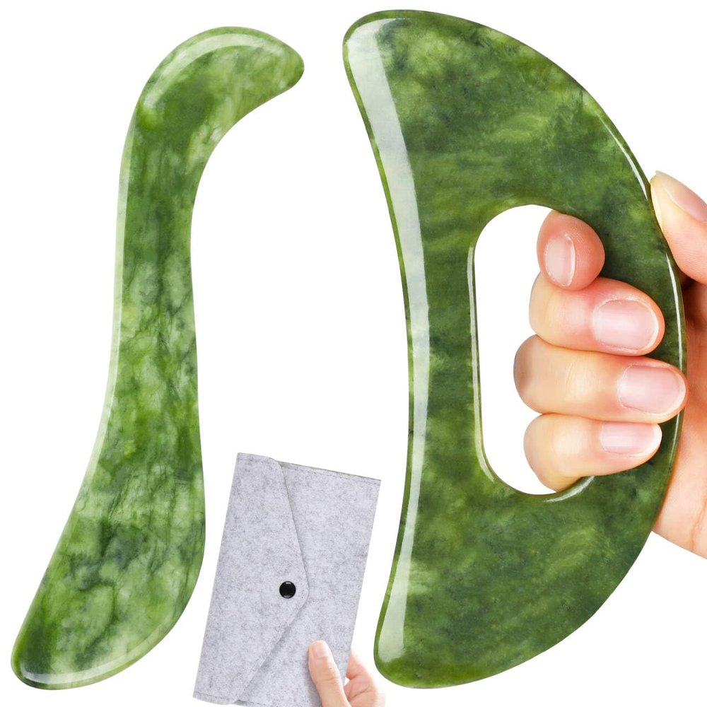 CekPo 2 PCS Jade Stone Gua Sha Massage Tool, Large Guasha Muscle Scraper Tools Set with Handle Muscle Scraping Massage Tools S Shaped Anti Cellulite Spa Acupuncture Tools for Lymphatic Drainage