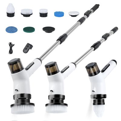 11 in 1 Electric Spin Scrubber Cordless Shower Scrubber with 2 Adjustable Speeds Spray Shower LED Display Shower Cleaner Brush with Long Handle for Bathroom Floor Tub Tile Toilet IPX7 Waterproof