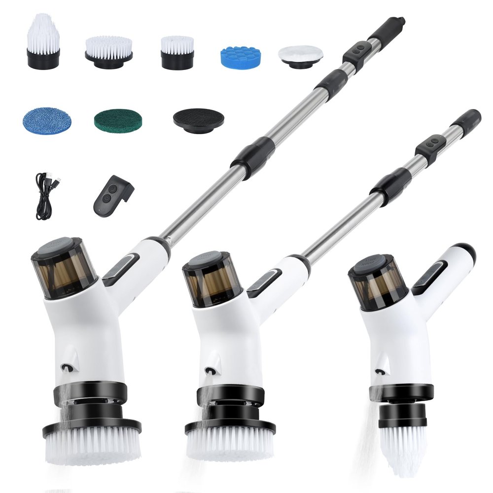 11 in 1 Electric Spin Scrubber Cordless Shower Scrubber with 2 Adjustable Speeds Spray Shower LED Display Shower Cleaner Brush with Long Handle for Bathroom Floor Tub Tile Toilet IPX7 Waterproof