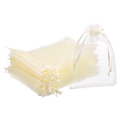 MECCANIXITY 100pcs Organza Bags 4x6 Inch Drawstring Favor Pouches Sheer Mesh Bag for Gift Jewelry Wedding Party Christmas Candy Cream White