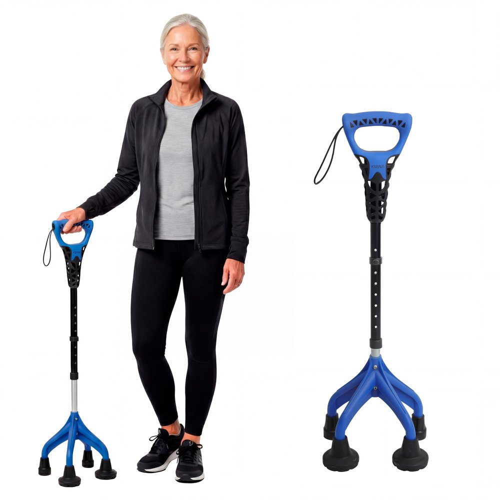 KMINA Quad Cane for Women and Men (Sturdy 3.3 lbs), 4 Prong Cane for Stability and Balance, Ergonomic Handle, Supports 350 lbs, Patented Design, Made in Europe