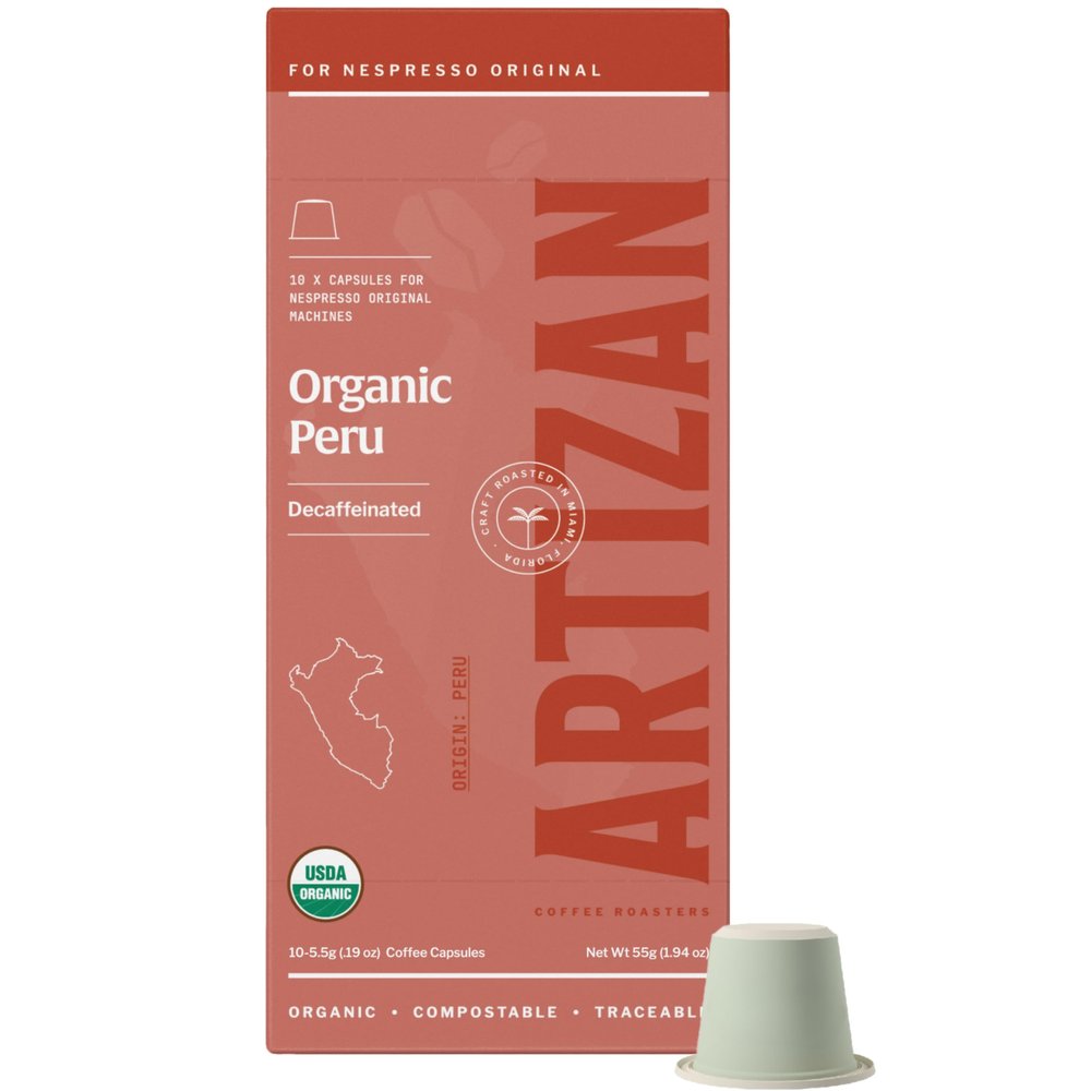 Artizan Coffee Decaf Organic Swiss Water Espresso Pods for Nespresso Original | Peru Decaf Single Origin | 10 Home Compostable Capsules