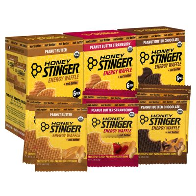 Honey Stinger Organic Peanut Butter Energy Waffle Variety Pack of 18, 6 Pack Each of Peanut Butter, PB Chocolate and PB Strawberry, Nutritious Stroopwafel Snack for Exercise, Endurance and Performance