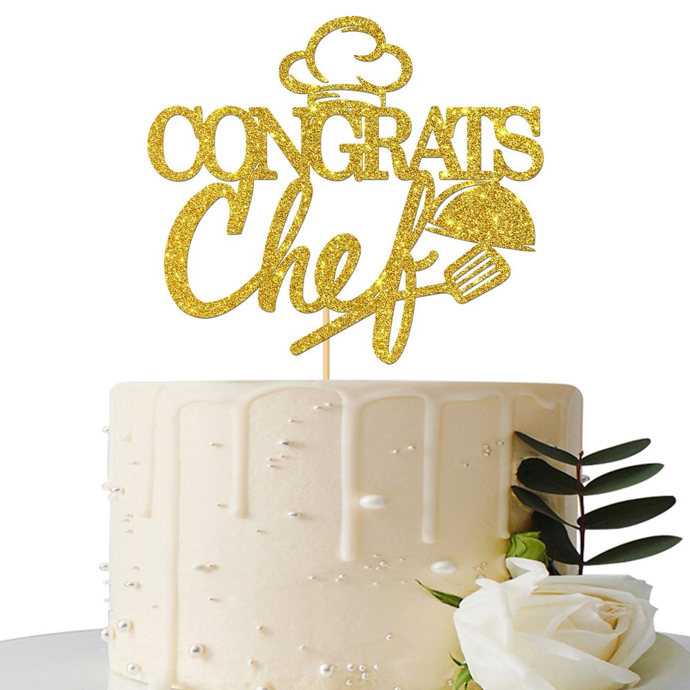 Congrats Chef Cake Topper - Congrats Grad - Class of 2025 - Culinary School Grad - Cooking School Graduation Party Cake Decorations Gold Glitter