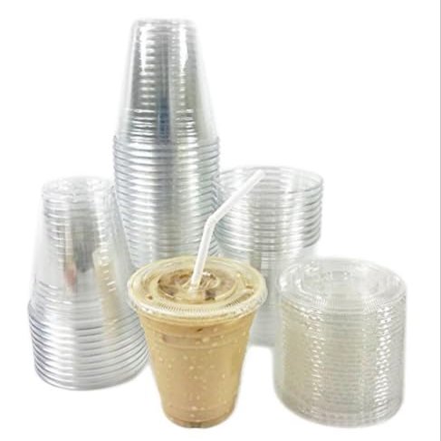 12OZ Disposable Pet Cold Clear Cups with Flat Lids Lids and Plastic Wrapped Straws Perfect for Smoothies, Iced Coffee, Juices, Cocktails and Soda (100)