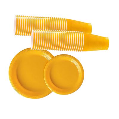 KOCKSHION 1set Disposable Plastic Tableware Set Multi-purpose Party Dinnerware Kit Yellow Includes and Plates Each Disposable Cups for Easy Party Supplies