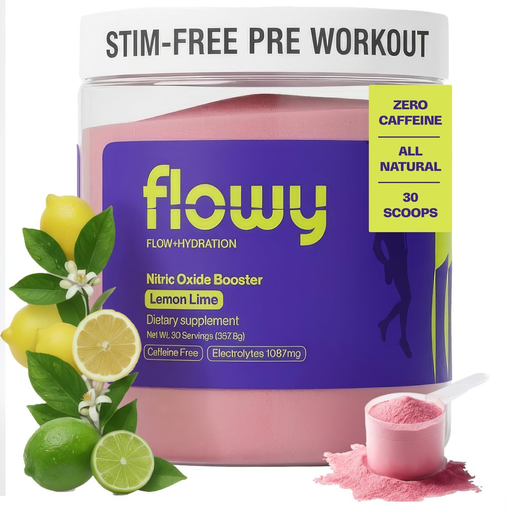 flowy Stim Free Pre Workout Non Stim Preworkout for Evening Training | 6000mg L-Citrulline + 1087mg Electrolytes | Caffeine Free Nitric Oxide Booster | Lemon Lime, 30 Servings