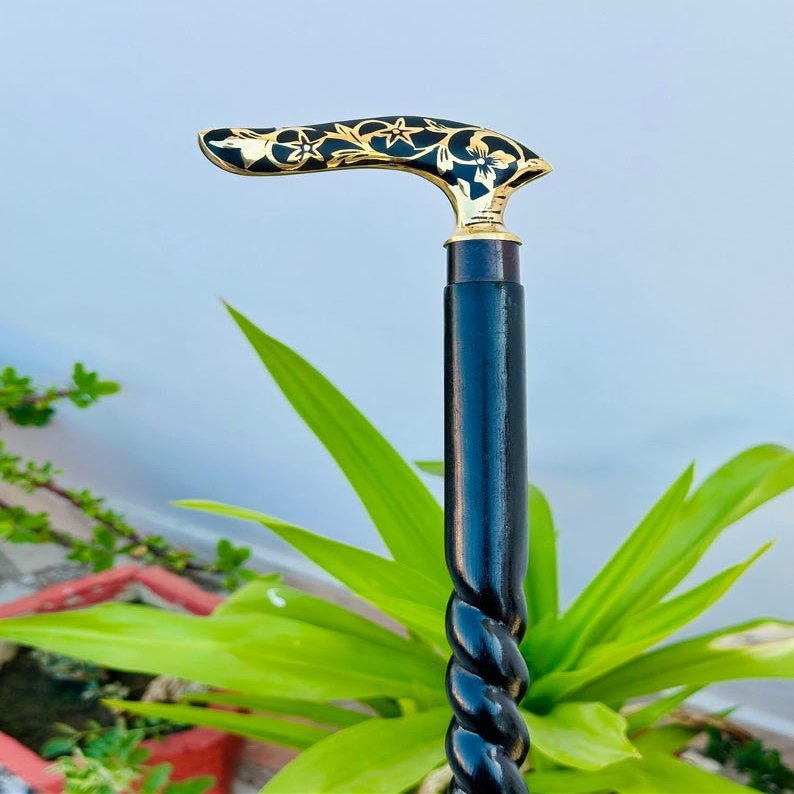 Victorian Flower Leaf Vintage Black Wooden Walking Stick Cane Brass Gift for Men and Women Handmade Design Gift Everyday Use Best Gifts 37 Inch