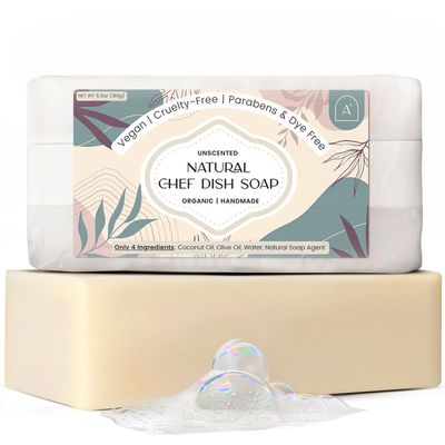 AURA NEST Natural Dish Soap Bar, Cleaning Dishes Solid Block for Kitchen - Organic Biodegradable Dishwashing, only 4 Ingredients, Gentle on Hands - Unscented (1 Pack, 6.3oz)