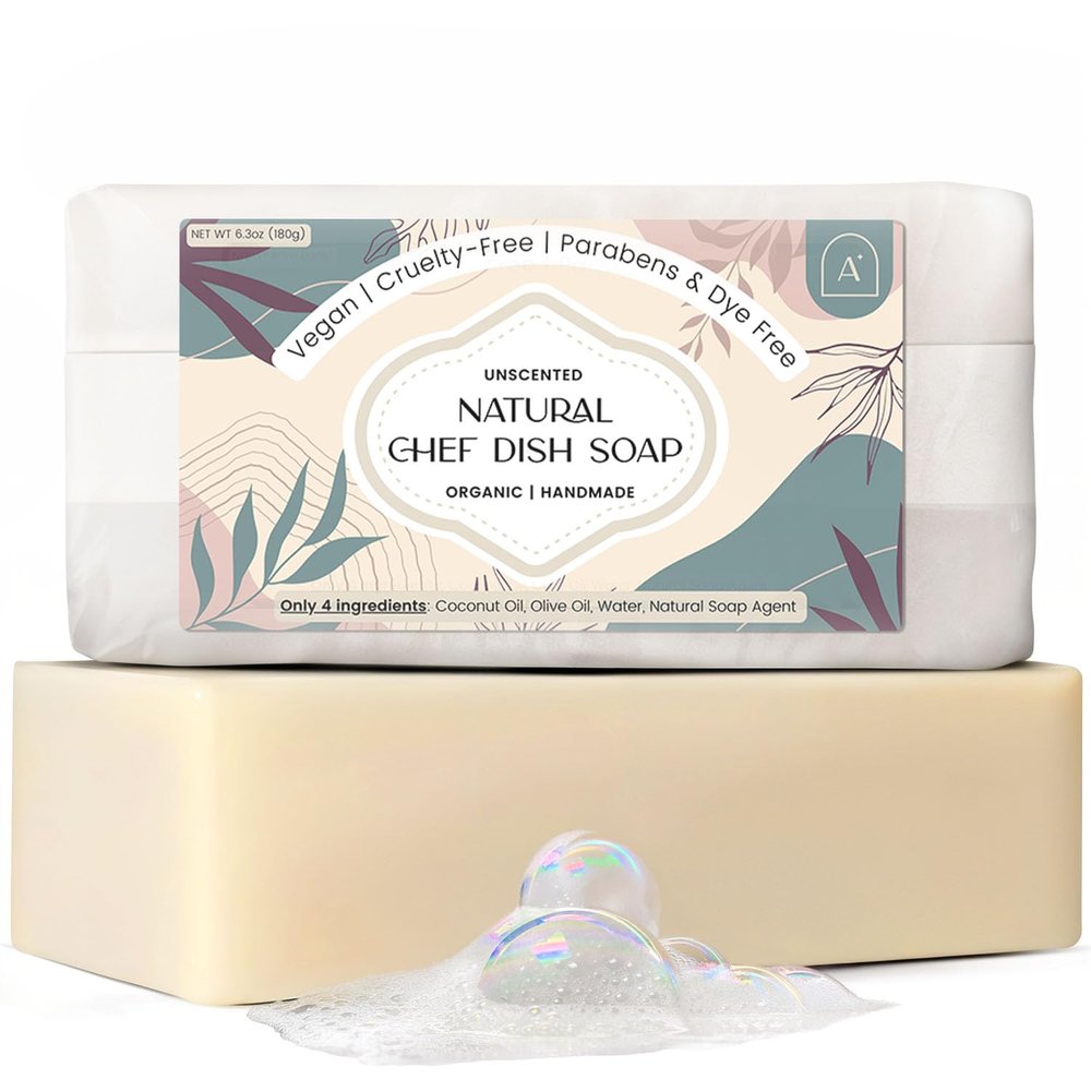 AURA NEST Natural Dish Soap Bar, Cleaning Dishes Solid Block for Kitchen - Organic Biodegradable Dishwashing, only 4 Ingredients, Gentle on Hands - Unscented (1 Pack, 6.3oz)