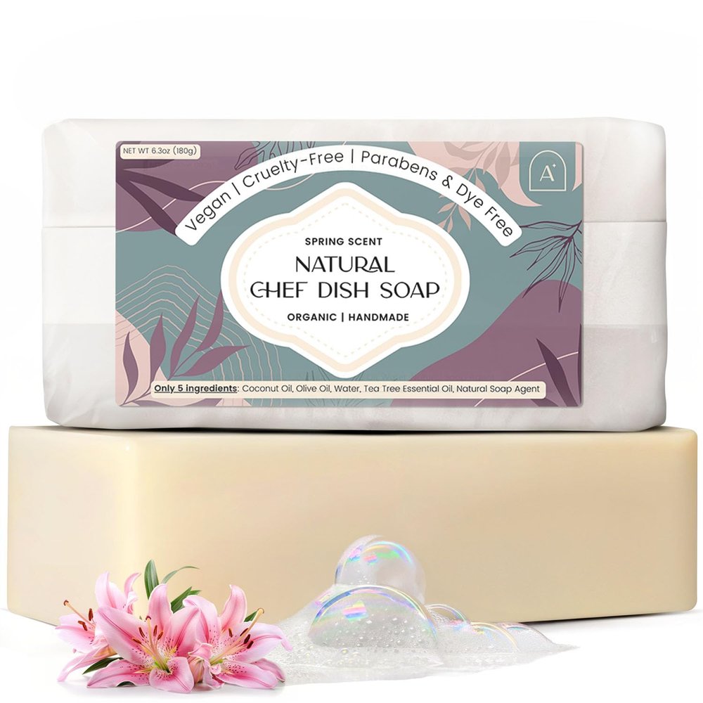 AURA NEST Natural Dish Soap Bar, Cleaning Dishes Solid Block for Kitchen - Organic Biodegradable Dishwashing, only 5 Ingredients, Gentle on Hands - Spring Scent (1 Pack, 6.3oz)