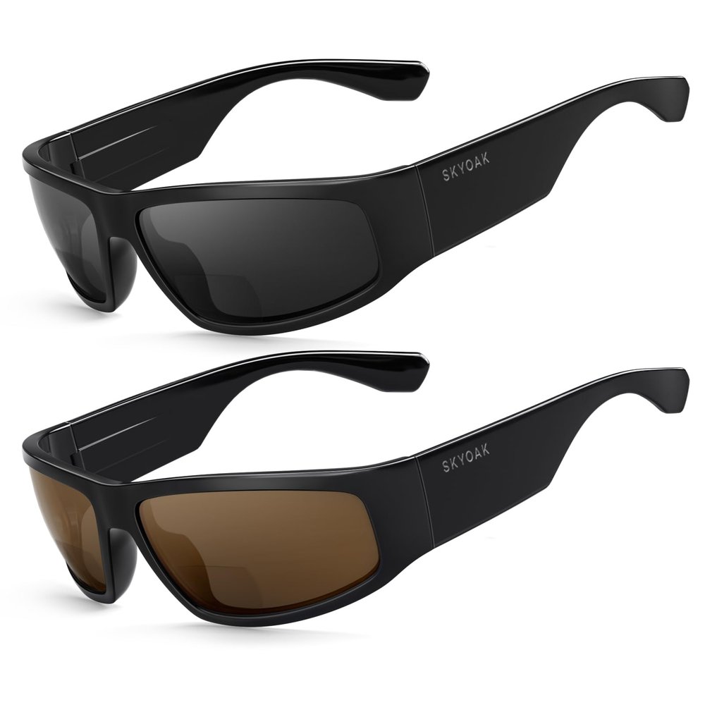 2 PACK Unbreakable Bifocal Reading Sunglasses for Men, Wrap Around Sun Reader Heavy Duty Temple UV400 Outdoor Sports Driving Finshing (Black & Grey +2.5)