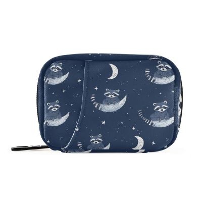 Pill Box 7 Day with Zipper Travel Pill Organizer Vitamin Supplement Medicine Holder for Family Business Camping Raccoon Moon Stars Dark Blue
