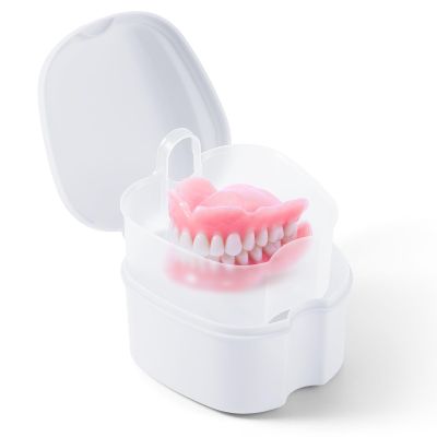 JMU Denture Bath Case with Strainer Basket Soaking Cup & Mouthguard Storage Container (White)