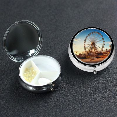 Small Pill Case 3 Compartments, Ferris Wheel Pill Box Daily Metal Portable Pill Organizer for Pocket Purse Travel Pillbox with Mirror Round Medicine Vitamin Holder Unique Gift