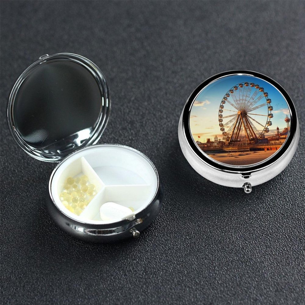 Small Pill Case 3 Compartments, Ferris Wheel Pill Box Daily Metal Portable Pill Organizer for Pocket Purse Travel Pillbox with Mirror Round Medicine Vitamin Holder Unique Gift