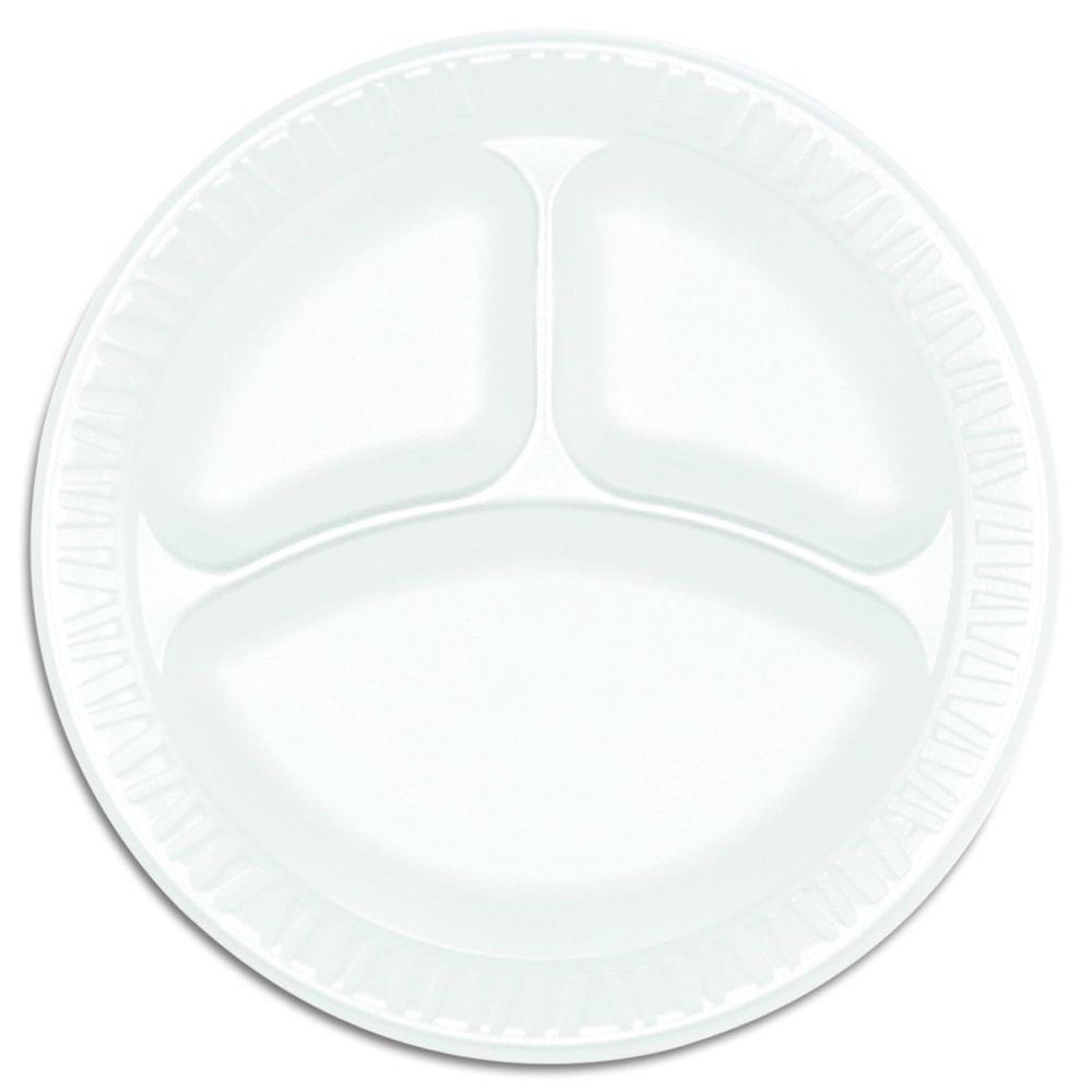 EcoQuality 9 inch 3 Compartment Disposable White Insulated Foam Heavy Duty Plates for Parties BBQs Catering Events Weddings Everyday Use Sturdy and Durable Design for Hot and Cold Foods (100)