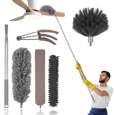 6 Pcs Cleaning Duster Kit with Extension Long Handle, Bendable Feather Duster Detachable Gap Duster Cleaner, Replaceable Dusters Washable Chenille Microfiber High Duster for Ceiling Fan Cobweb Blinds