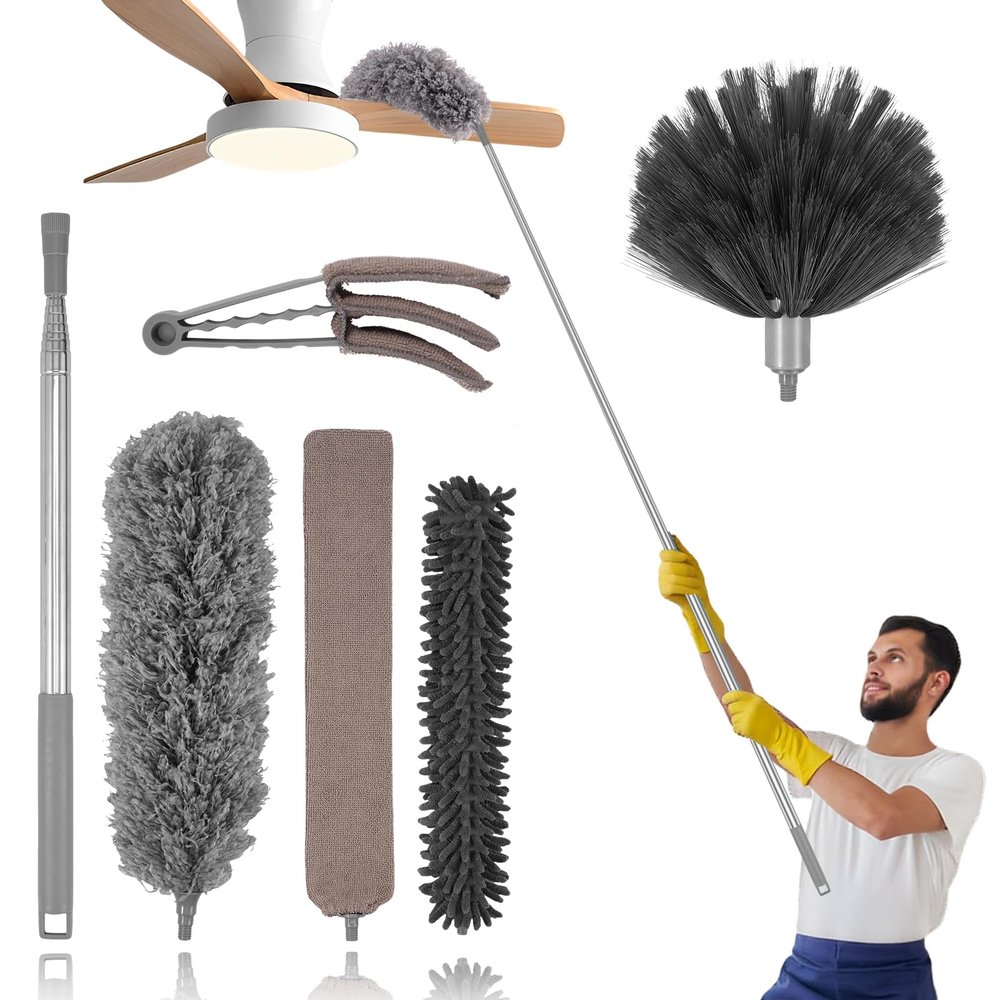 6 Pcs Cleaning Duster Kit with Extension Long Handle, Bendable Feather Duster Detachable Gap Duster Cleaner, Replaceable Dusters Washable Chenille Microfiber High Duster for Ceiling Fan Cobweb Blinds