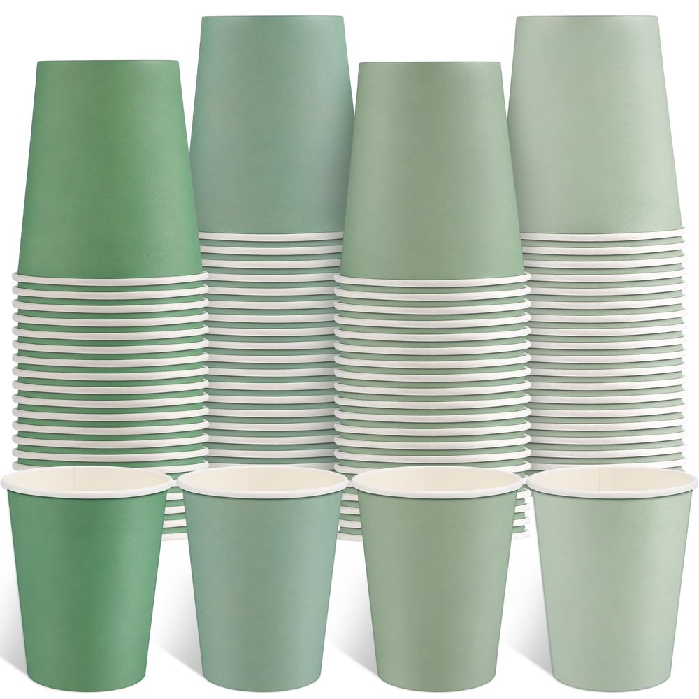 100 Pack Gradient Sage Green Paper Cups, 9oz Green Party Cups Disposable Baby Shower Paper Cup, Drinking Cup for Wedding Birthday Woodland Baby & Bridal Shower Picnic Barbecue Tea Party Supplies