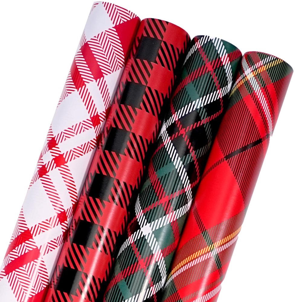 BIOBROWN Christmas Wrapping Paper 4 Rolls - Tartan Plaid Design for Holiday