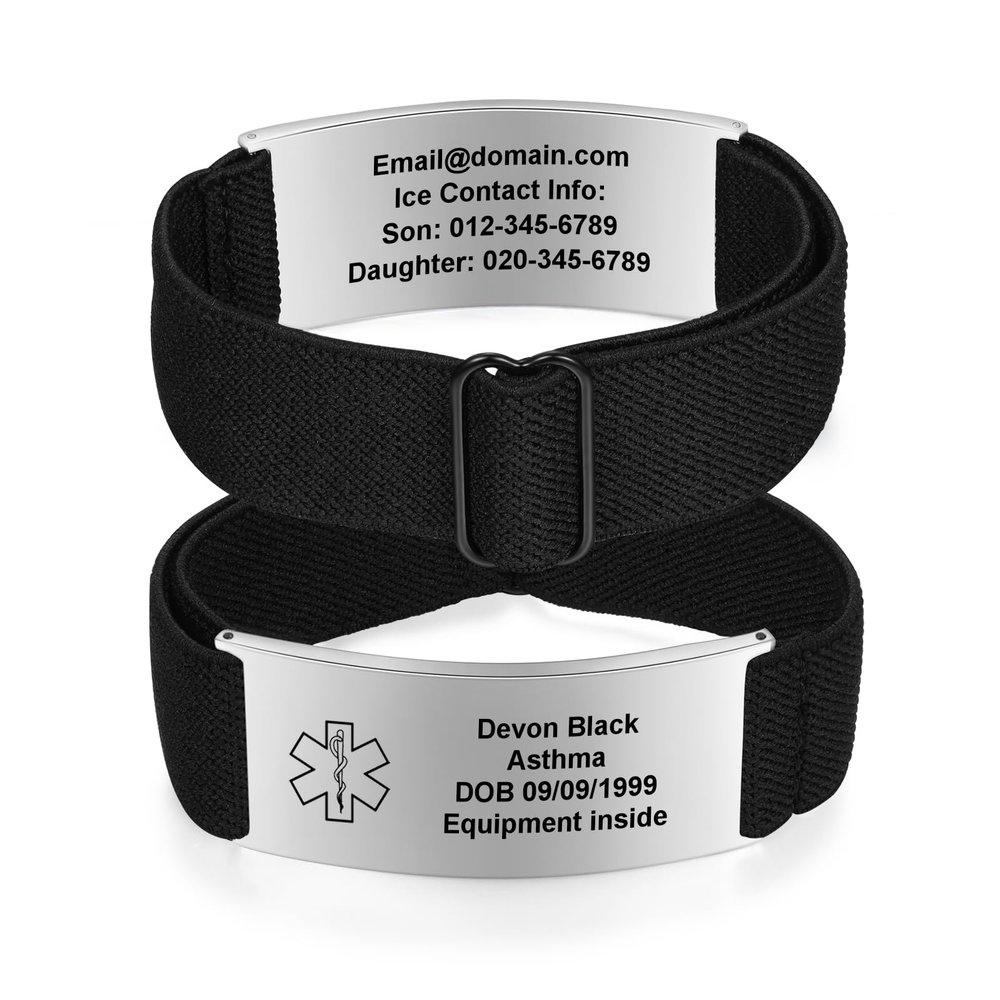 Wendy Made Custom Medical Alert Bracelet for Men - Engraved Stainless Steel ID Bracelet with Elastic Strap for Emergency, Allergy, Diabetes, Epilepsy, Durable & Comfortable (Black-Silver)