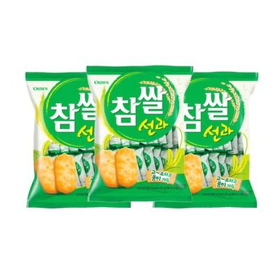 Korean Snack Rice Cracker Crown Chamssal Seon Gwa 115g, Pack of 3 Sweet and Crispy Rice Treat
