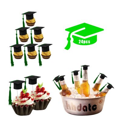 hhdatc 24 Pcs Mini Graduation Cap Decorations Graduation Cap Topper Black Grad Hats with Green Tassels for Cupcake Toppers, Bottle Decor,Congrats Party Favors and Class of 2025 Celebrations