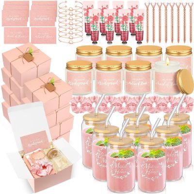 Teenyyou 80 Pcs Bridesmaid Proposal Gifts Bridesmaid Gift Box Set Maid of Honor Box Include Glass Cup Candle Cards Scrunchies Hair Knotted Bracelets Hand Cream Diamond Pens (Pink)