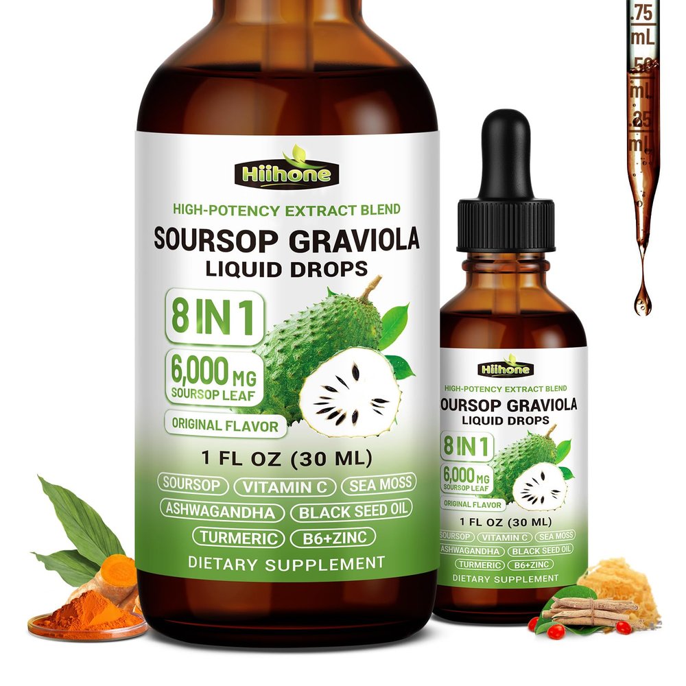 8 in 1 Graviola Soursop Leaf Extract Liquid - Soursop Bitters Liquid with Sea Moss, Ashwagandha and Turmeric, for Immune & Liver, Zzz & Antioxidant & Cell Support,1 Fl Oz