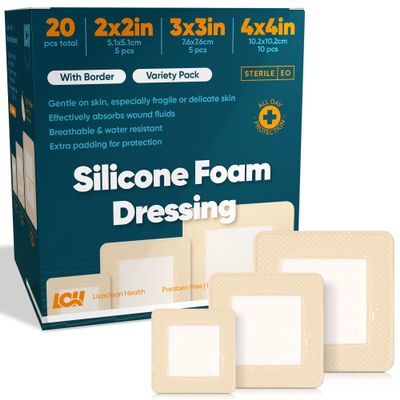 20 CT Silicone Foam Dressing 4x4, 3x3, 2x2 - Sterile Silicone Bandages for Wounds - Adhesive Pressure Sore Bed SOR Bandages - Square Dressing for Wounds and Injury Care by Livaclean Health