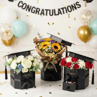 Chunful 3 Pcs Graduation Flower Boxes 2026 Graduation Cap Gift Boxes with Drawer Double Layers Graduate Candy Treat Cases Grad Floral Centerpieces Container for Class of 2026 Party Favor Supplies