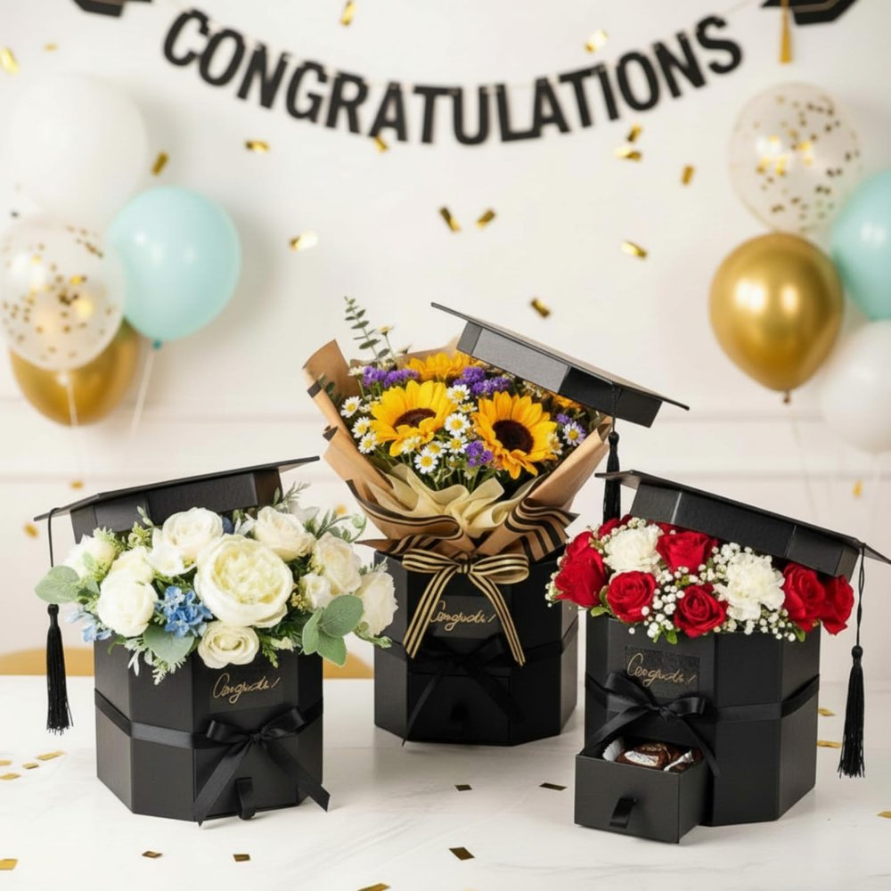 Chunful 3 Pcs Graduation Flower Boxes 2026 Graduation Cap Gift Boxes with Drawer Double Layers Graduate Candy Treat Cases Grad Floral Centerpieces Container for Class of 2026 Party Favor Supplies