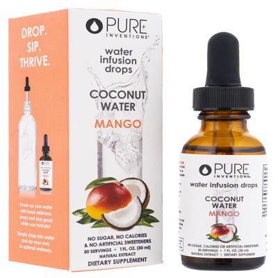 Pure Inventions - Coconut Water Infusion Drops Electrolytes - Sugar-Free Hydration, Zero Calories, No Artificial Sweeteners, Clean Ingredients - Mango, 30 Servings