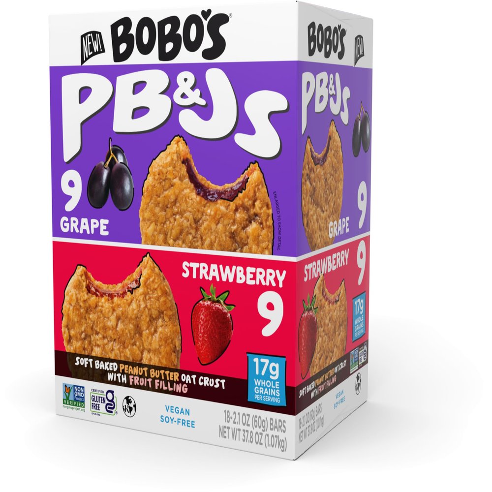 Bobo's PB&J Variety - Grape & Strawberry, Simple Ingredients, Whole Grain Oats, Plant Based, Non-GMO, Gluten Free Breakfast Bars, Healthy Snacks for Adults & Kids (18 Snacks)