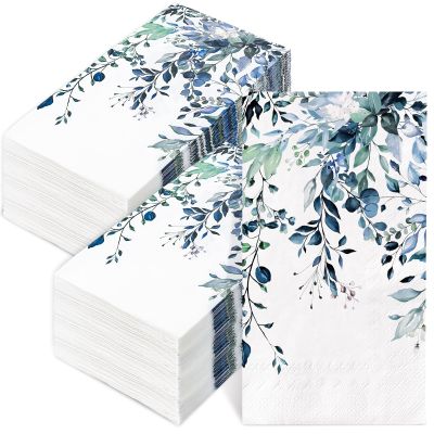 100 Pcs Blue and White Paper Napkins Watercolor Eucalyptus Leaves Guest Napkin Disposable Dinner Hand Towels for Spring Party Kitchen Bathroom Table Decor, 4.3 x 7.8 Inch