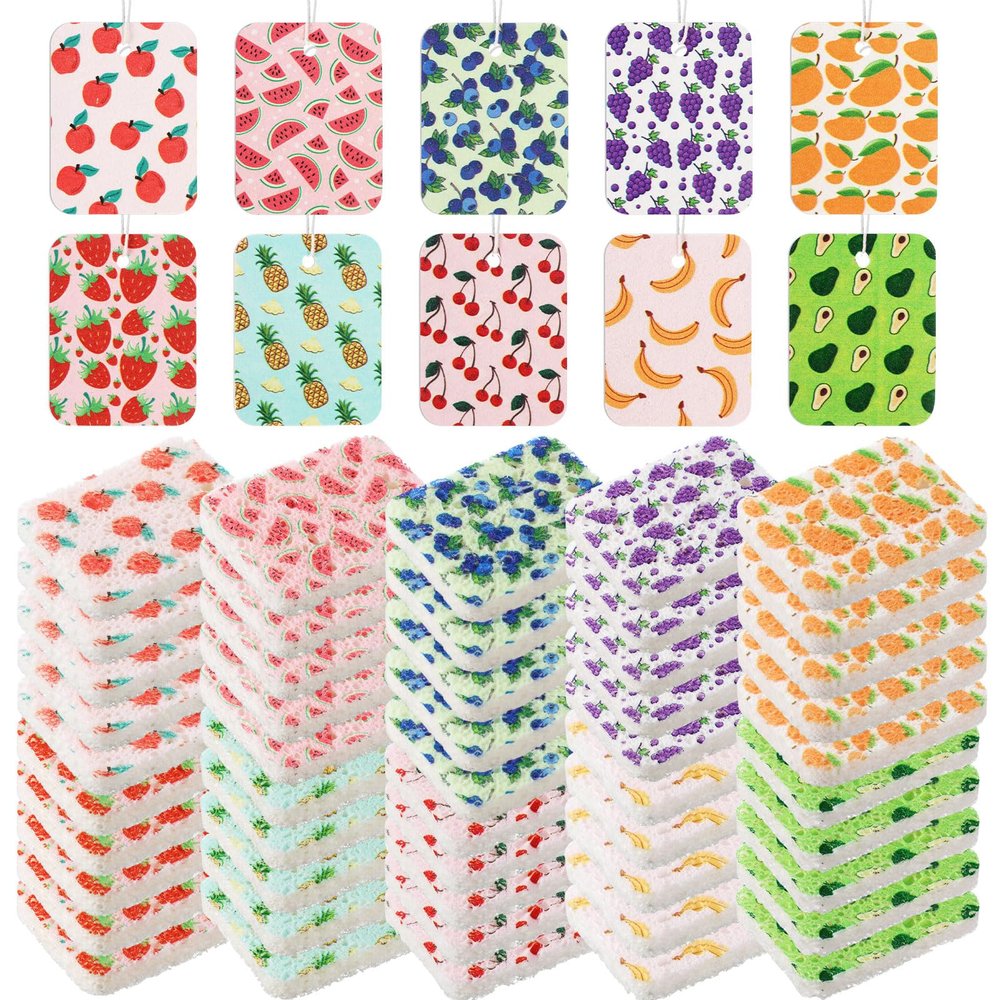 Maxdot 50 Counts Compressed Cellulose Sponges Bulk Fruits Pattern Natural Kitchen Compostable Non Scratch Dish Sponges for Washing Dishes,Cleaning Countertop Sink,Kids DIY