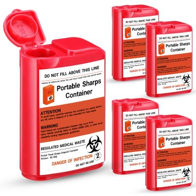 Baderke 5 Pack Pocket Travel Sharps Disposal Container Sharps Containers for Home Use Small 80 Ml Container Diabetic Supplies Easy to Use for Diabetic Needles, Lancets, Strips (Red)