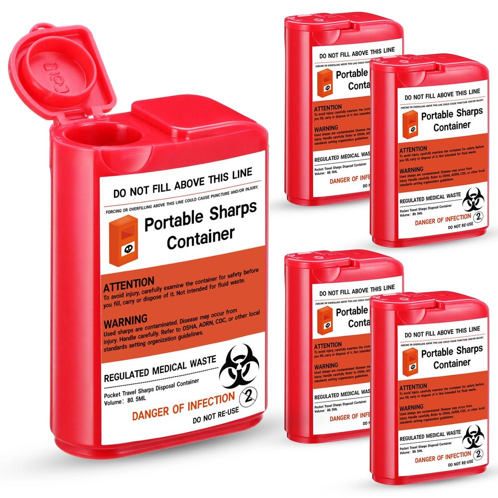 Baderke 5 Pack Pocket Travel Sharps Disposal Container Sharps Containers for Home Use Small 80 Ml Container Diabetic Supplies Easy to Use for Diabetic Needles, Lancets, Strips (Red)