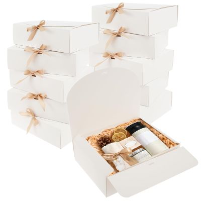 10 Pack Gift Boxes with Lids, 10.6x7.9x3.2 Inch Birthday Gift Boxes for Presents with Ribbon, Bridesmaid Proposal Box, Collapsible Boxes for Wrapping Gifts, Decorative Gift Wrap Box for Wedding Party (White)