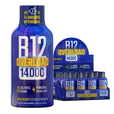 B12 Overload Extra Strength Energy Shot Mixed Berry 260mg Caffeine, 14000% B12, Electrolytes Energy & Vitality Support Zero Sugar No Calories Vegan, Kosher, Gluten-Free 1.93 fl oz, 12-Pack