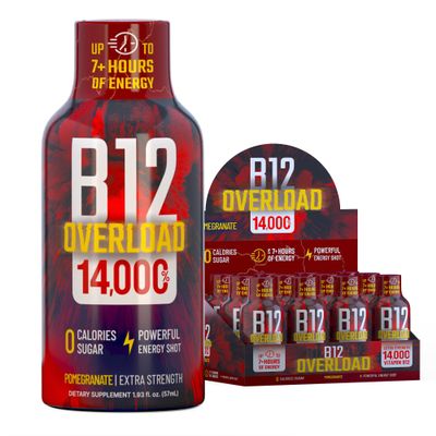 B12 Overload Extra Strength Energy Shot Pomegranate 260mg Caffeine, 14000% B12, Electrolytes Energy & Vitality Support Zero Sugar No Calories Vegan, Kosher, Gluten-Free 1.93 fl oz, 12-Pack