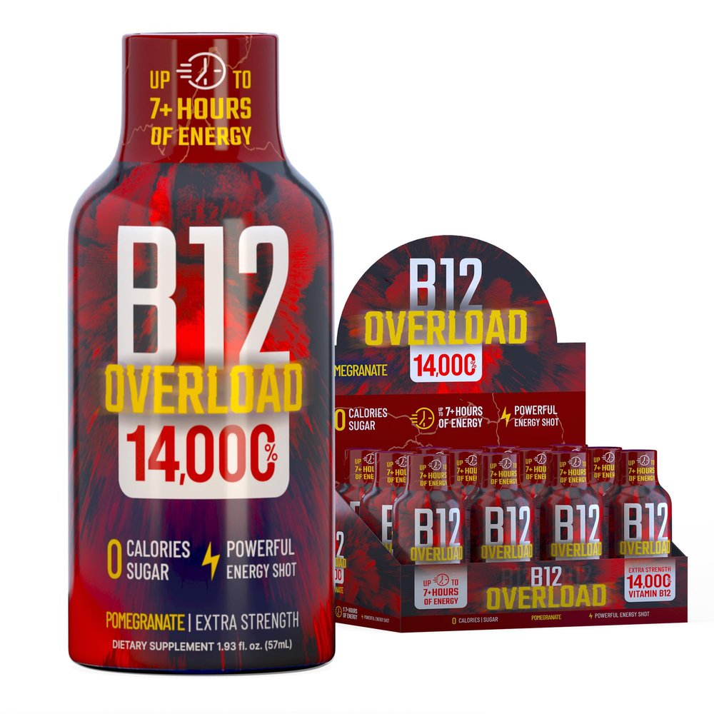 B12 Overload Extra Strength Energy Shot Pomegranate 260mg Caffeine, 14000% B12, Electrolytes Energy & Vitality Support Zero Sugar No Calories Vegan, Kosher, Gluten-Free 1.93 fl oz, 12-Pack