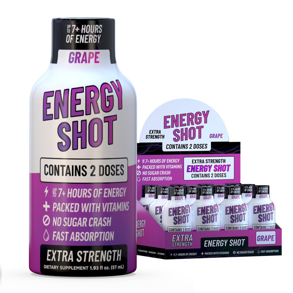 Grape Extra Strength Energy Shot 12 pk 260mg Natural Caffeine B12 B6 Energy & Focus Support 2 Servings Sugar Free Zero Calorie Green Tea B-Vitamins Electrolytes Vegan 1.93 fl oz