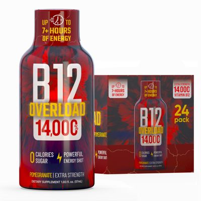 B12 Overload Extra Strength Energy Shot Pomegranate 260mg Caffeine, 14000% B12, Electrolytes Energy & Vitality Support Zero Sugar No Calories Vegan, Kosher, Gluten-Free 1.93 fl oz, 24-Pack