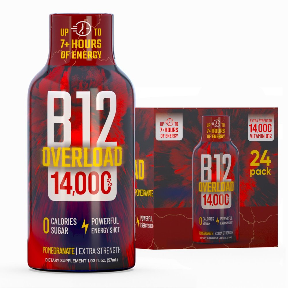 B12 Overload Extra Strength Energy Shot Pomegranate 260mg Caffeine, 14000% B12, Electrolytes Energy & Vitality Support Zero Sugar No Calories Vegan, Kosher, Gluten-Free 1.93 fl oz, 24-Pack