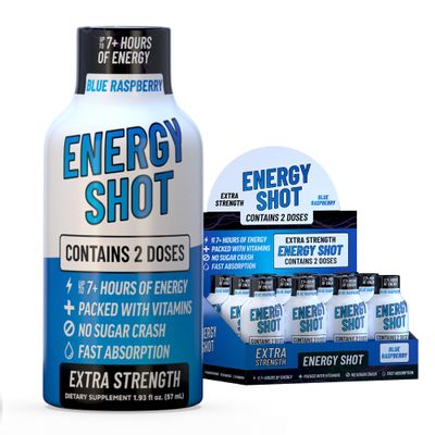 Blue Raspberry Extra Strength Energy Shot 12 pk 260mg Natural Caffeine B12 B6 Energy & Focus Support 2 Servings Sugar Free Zero Calorie Green Tea B-Vitamins Electrolytes Vegan 1.93 fl oz